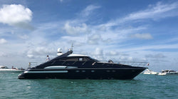 Black yacht on the water with a clear blue sky with fresh wrap